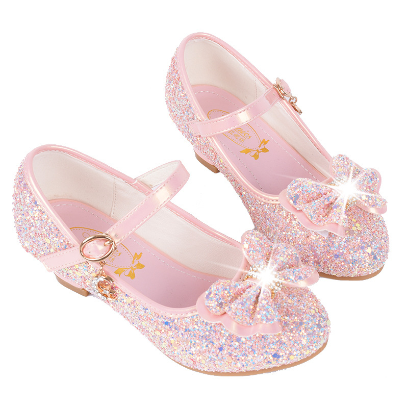 Lányoknak készült alacsony sarkú cipő, koreai stílusú masnival és kristály díszítéssel, hercegnő stílus — Felső része Ultrafilm bőr, Talp műanyag, Belső PU