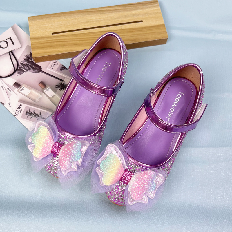 Lányoknak szóló balerina cipő csillogó felsőrészű, sequin szövet, PU bélés és talpbetét, bőr talp, Velcro-zár