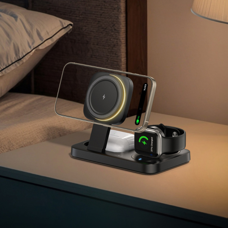 Încărcător wireless 3 în 1 cu suport magnetic pliat pentru iPhone – design telescopic, până la 15W, QC3.0