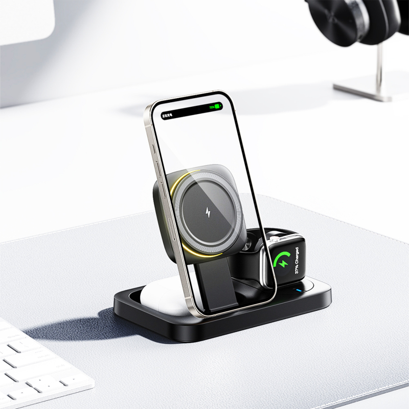 Încărcător wireless 3 în 1 cu suport magnetic pliat pentru iPhone – design telescopic, până la 15W, QC3.0