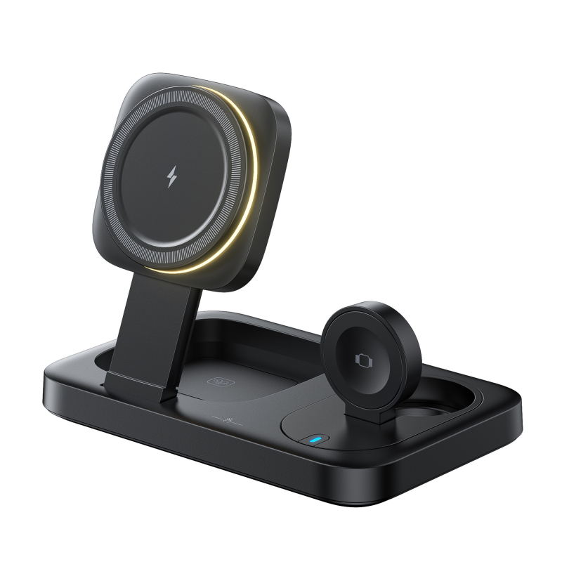 Încărcător wireless 3 în 1 cu suport magnetic pliat pentru iPhone – design telescopic, până la 15W, QC3.0
