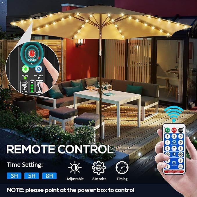 Lauko skėtinių dekoratyvinės LED lemputės — saulės energija/USB/baterija, IP67, 5V 2W, nuotolinis valdymas