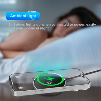 Apvalus magnetinis belaidis įkrovėjas su atmosferiniu apšvietimu, MagSafe suderinamas, 15W QC3.0, CE/FCC/ROHS sertifikatai