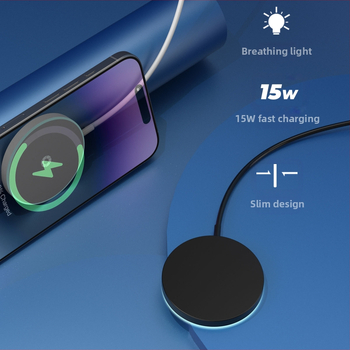 Apvalus magnetinis belaidis įkrovėjas su atmosferiniu apšvietimu, MagSafe suderinamas, 15W QC3.0, CE/FCC/ROHS sertifikatai