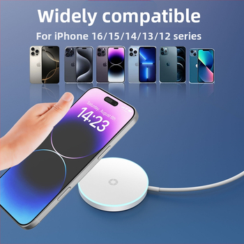 Apvalus magnetinis belaidis įkrovėjas su atmosferiniu apšvietimu, MagSafe suderinamas, 15W QC3.0, CE/FCC/ROHS sertifikatai