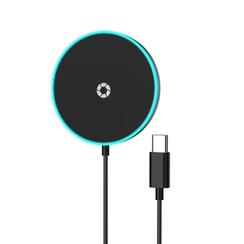 Apvalus magnetinis belaidis įkrovėjas su atmosferiniu apšvietimu, MagSafe suderinamas, 15W QC3.0, CE/FCC/ROHS sertifikatai