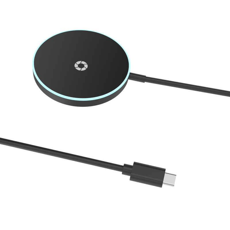 Apvalus magnetinis belaidis įkrovėjas su atmosferiniu apšvietimu, MagSafe suderinamas, 15W QC3.0, CE/FCC/ROHS sertifikatai