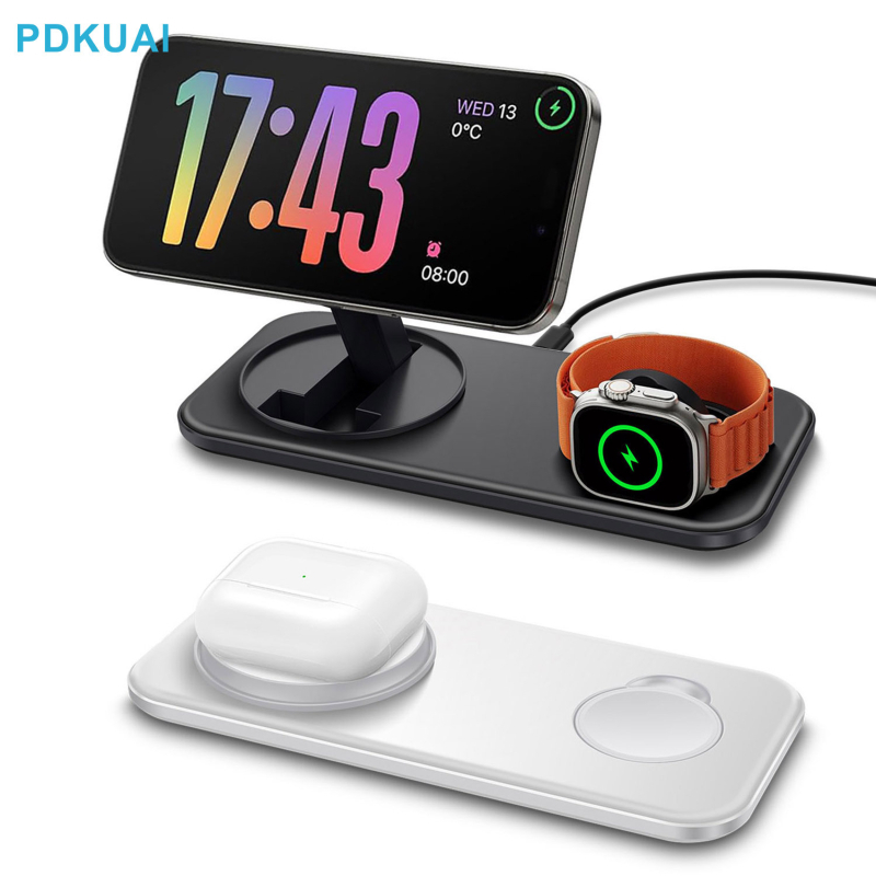 FDGAO 2-in-1 magnētiskais bezvadu lādētājs Apple iPhone 12–16, AirPods un Apple Watch — QC3.0, 15W izvade, 18W kopējā jauda, salokāms
