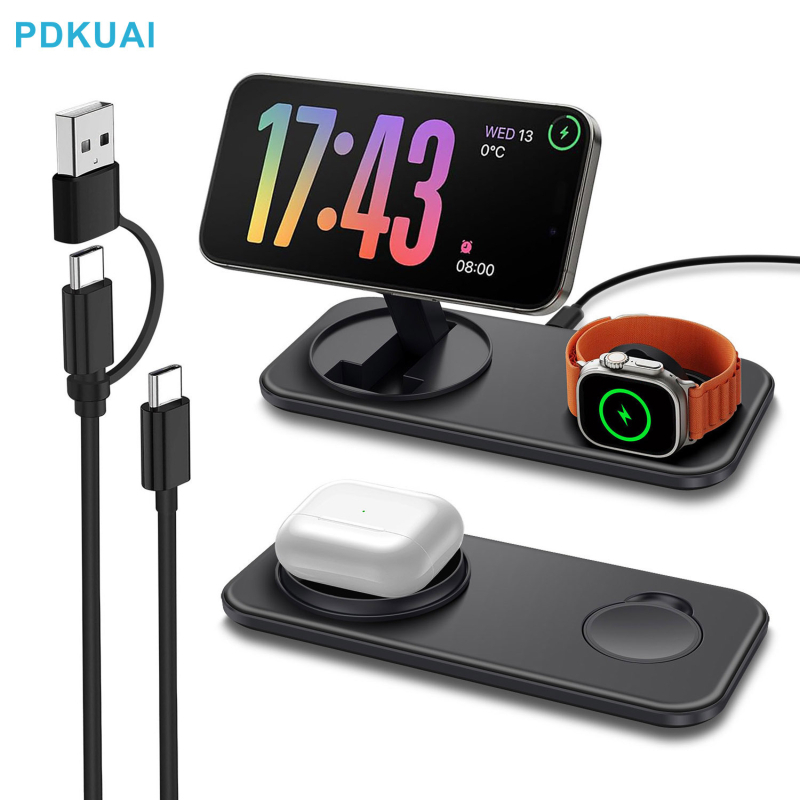 FDGAO 2-in-1 магнитно безжично зарядно за Apple iPhone 12–16, AirPods и Apple Watch — QC3.0, 15W изход, 18W обща мощност, сгъваем