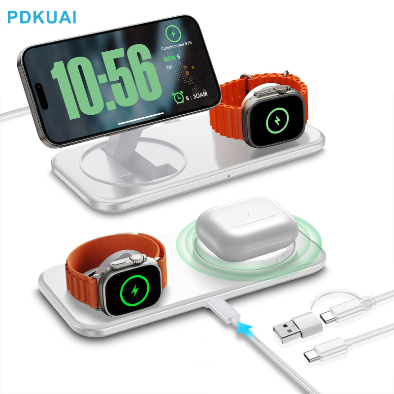 FDGAO 2-in-1 магнитно безжично зарядно за Apple iPhone 12–16, AirPods и Apple Watch — QC3.0, 15W изход, 18W обща мощност, сгъваем