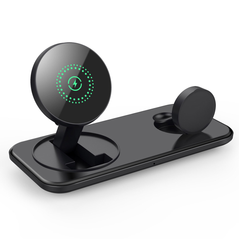 FDGAO Încărcător wireless magnetic 2-în-1 pentru Apple iPhone 12–16, AirPods și Apple Watch — QC3.0, 15W putere de ieșire, 18W putere totală, pliabil