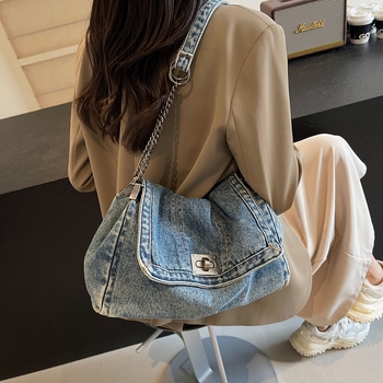 Női denim Tote táska – városi egyszerű stílus, vízszintes négyszögletes forma, cipzáras zárás