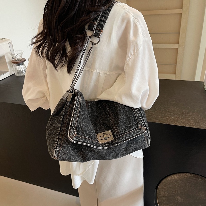 Női denim Tote táska – városi egyszerű stílus, vízszintes négyszögletes forma, cipzáras zárás