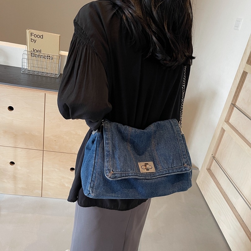 Női denim Tote táska – városi egyszerű stílus, vízszintes négyszögletes forma, cipzáras zárás