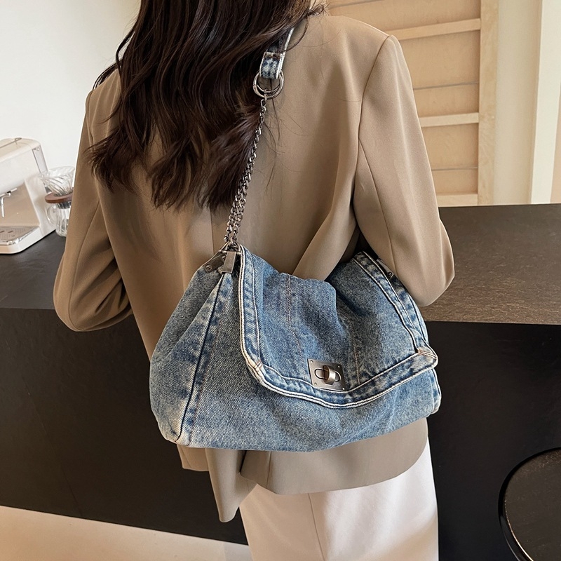 Női denim Tote táska – városi egyszerű stílus, vízszintes négyszögletes forma, cipzáras zárás