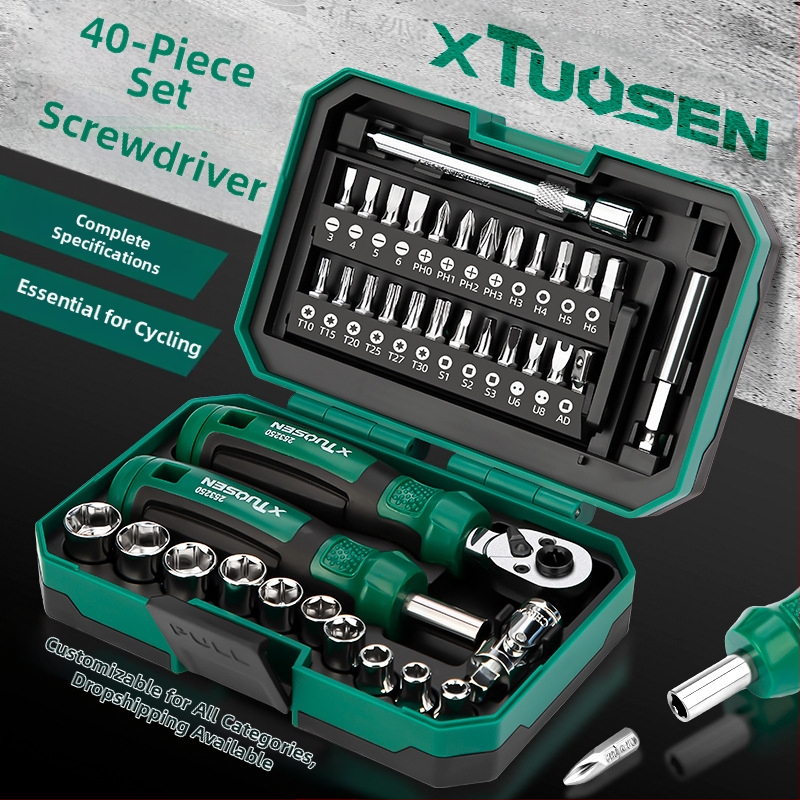 Tuosen ratchet veržtuvų rinkinys su keičiamais bitais, kryžminė ir plokščia galvutė, anglies plienas