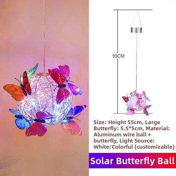 Φωτιστικό LED ηλιακό κρεμαστό σε μπάλα δέντρο με σχέδιο πεταλούδα από αλουμινένιο καλώδιο για εξωτερική αυλή, IP65, LED πηγή, 1W, 6–12 ώρες, διάρκεια ζωής 50.000 ωρών