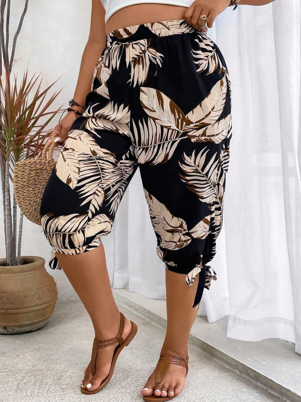 Moteriški cropped tiesių kelnių su spauda - poliesteris, laisvas juosmuo, vasara 2024