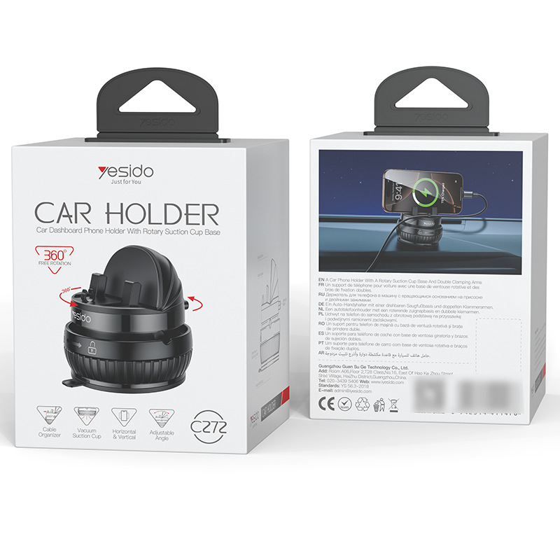 Yesido autótelefon tartó 360°-os forgással, középkonzolhoz rögzítő szívófej, ABS + silica gel, többfunkciós