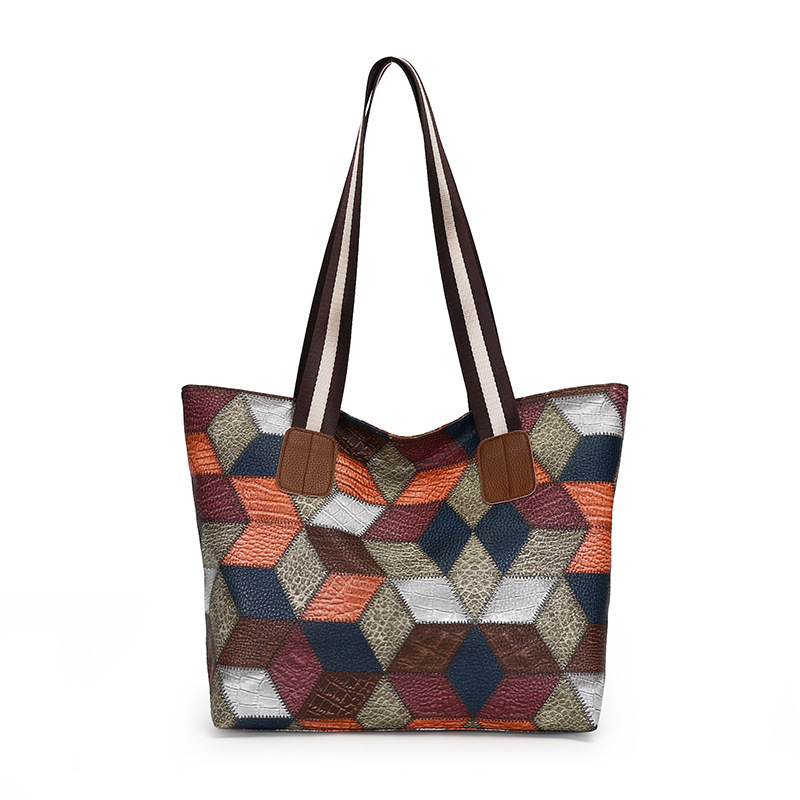 PU tote táska kockás mintázattal, cipzáras zárás, puha szerkezet, nagy kapacitás, belső cipzáras zseb és kártyatartó zseb