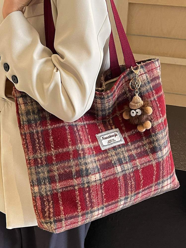 Вълнена клетъчна Tote чанта с цип, джоб за телефон, вътрешен джоб тип патч, двойни презрамки, пролет 2024