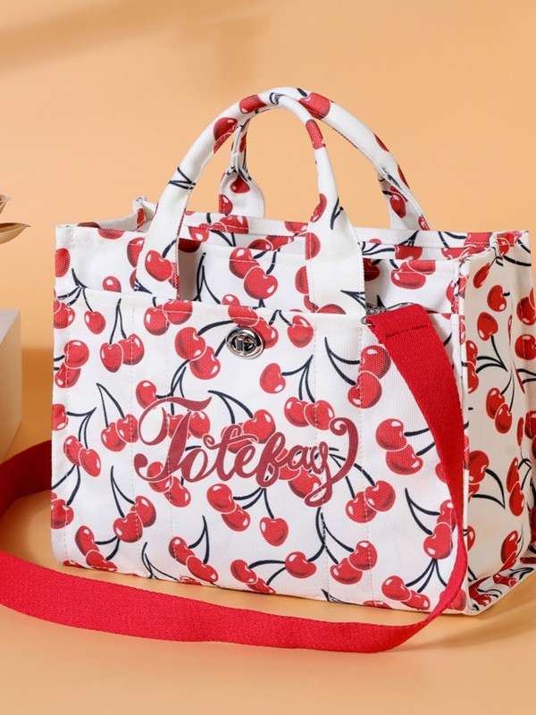 Cherry print vászon tote táska, városi egyszerű stílus, zipzáras zárás, polietilén bélés, nyár 2025 megjelenés