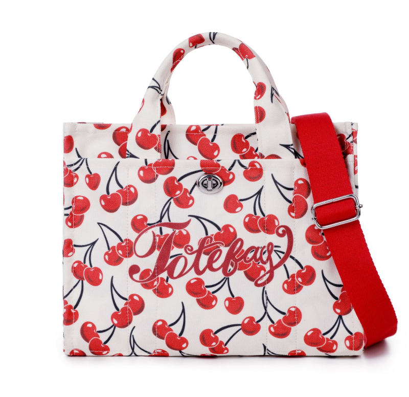 Cherry print vászon tote táska, városi egyszerű stílus, zipzáras zárás, polietilén bélés, nyár 2025 megjelenés