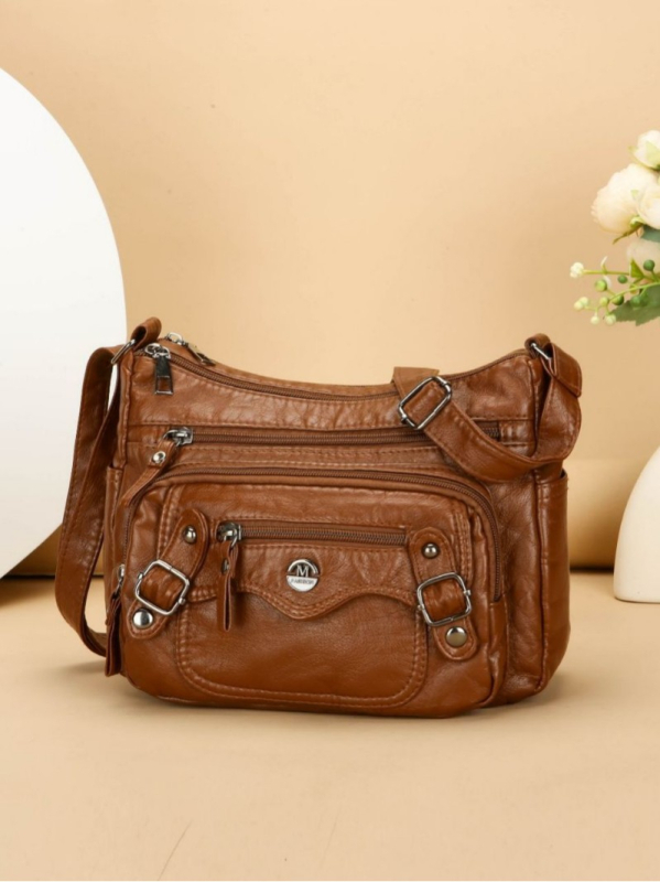 Дамска чанта с множество джобове, PU, хоризонтална квадратна форма, цип за отваряне, вътрешен джоб с цип и междинен слой