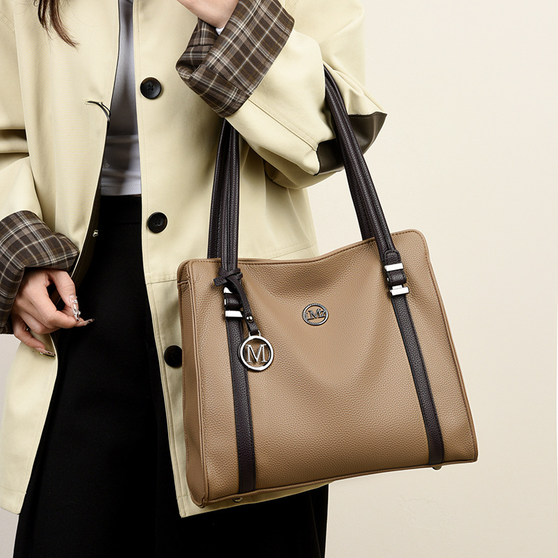 Longyun Tote чанта от естествена кожа за жени, Street Trend стил, хоризонтална квадратна форма, цип за отваряне, вътрешни джобове: джоб с цип, джоб за мобилен телефон, джоб за лична карта
