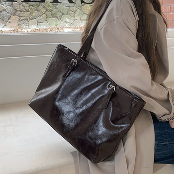 Tote чанта с нишов ретро стил, PU материал, голям капацитет, с цип за затваряне, хоризонтално правоъгълна форма, вътрешен джоб с цип