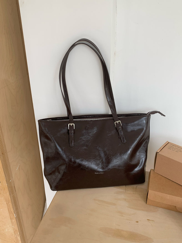 Tote чанта с нишов ретро стил, PU материал, голям капацитет, с цип за затваряне, хоризонтално правоъгълна форма, вътрешен джоб с цип