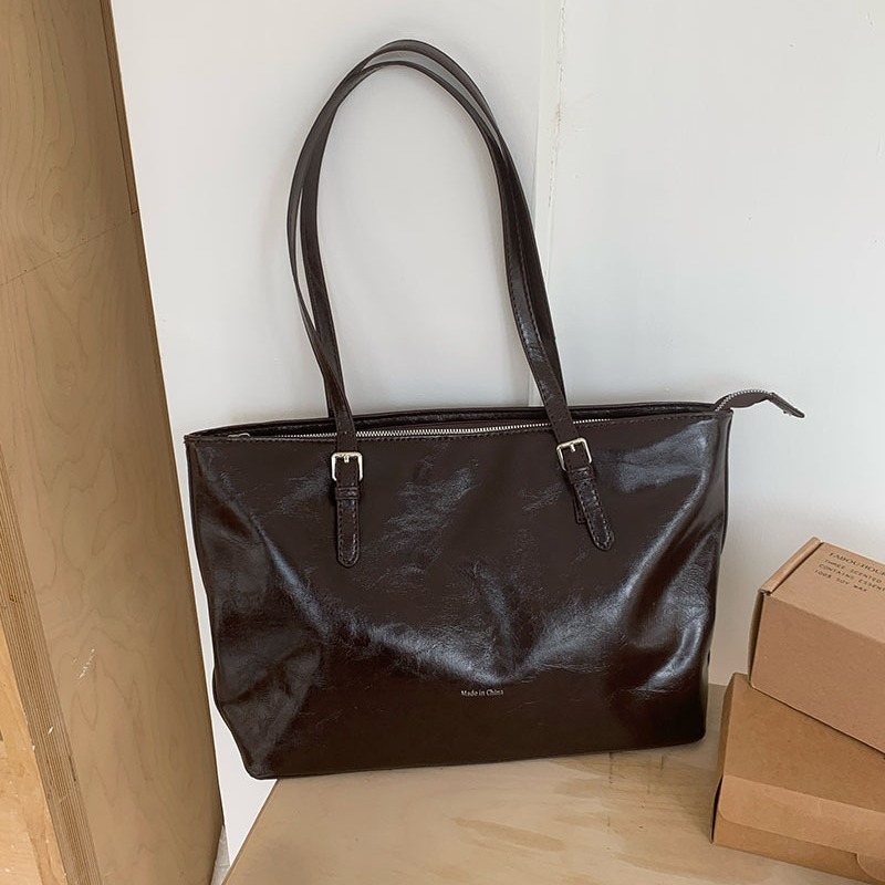 Tote чанта с нишов ретро стил, PU материал, голям капацитет, с цип за затваряне, хоризонтално правоъгълна форма, вътрешен джоб с цип