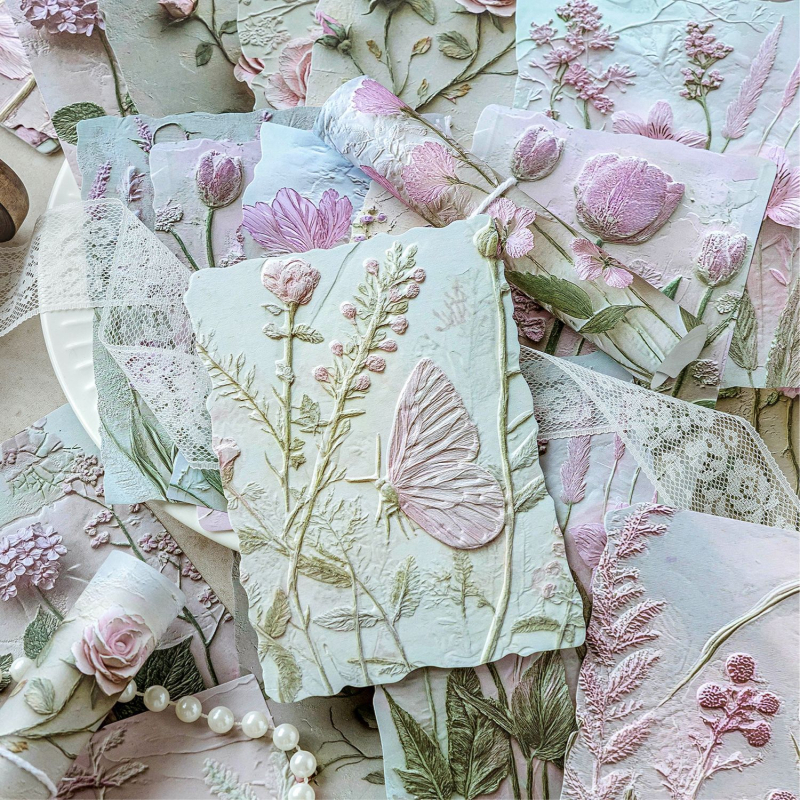 Mo Mo двойна опаковка – базов материал за дневник и колаж с релефни флорални мотиви, серия Любовно писмо, 6 стила