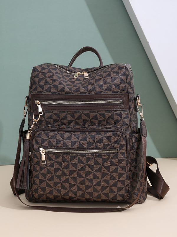 Anchi PU anyagú retro mintás női hátizsák - légáteresztő, vízálló, cipzáras zárás, 2025 tavasz, belső zseb telefonra és ID-re