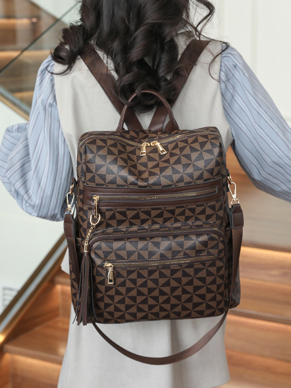 Anchi PU anyagú retro mintás női hátizsák - légáteresztő, vízálló, cipzáras zárás, 2025 tavasz, belső zseb telefonra és ID-re