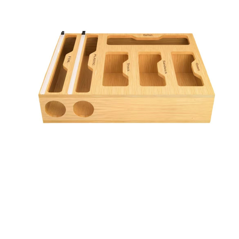 Medinė sieninė virtuvės plėvelės laikymo dėžutė su pjovimo įrankiu – šiuolaikinis stilius, daugiafunkcinė, pritaikoma ir logotipo spausdinimas