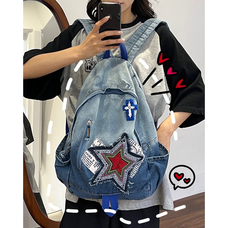 Geantă de spate din denim gradient pentru femei, stil stradal, capacitate 20–35 L, material respirabil, bretele curbate