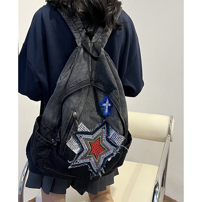 Geantă de spate din denim gradient pentru femei, stil stradal, capacitate 20–35 L, material respirabil, bretele curbate