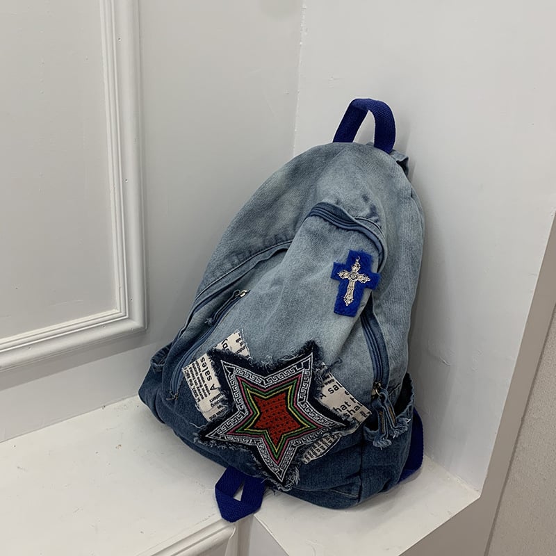 Geantă de spate din denim gradient pentru femei, stil stradal, capacitate 20–35 L, material respirabil, bretele curbate