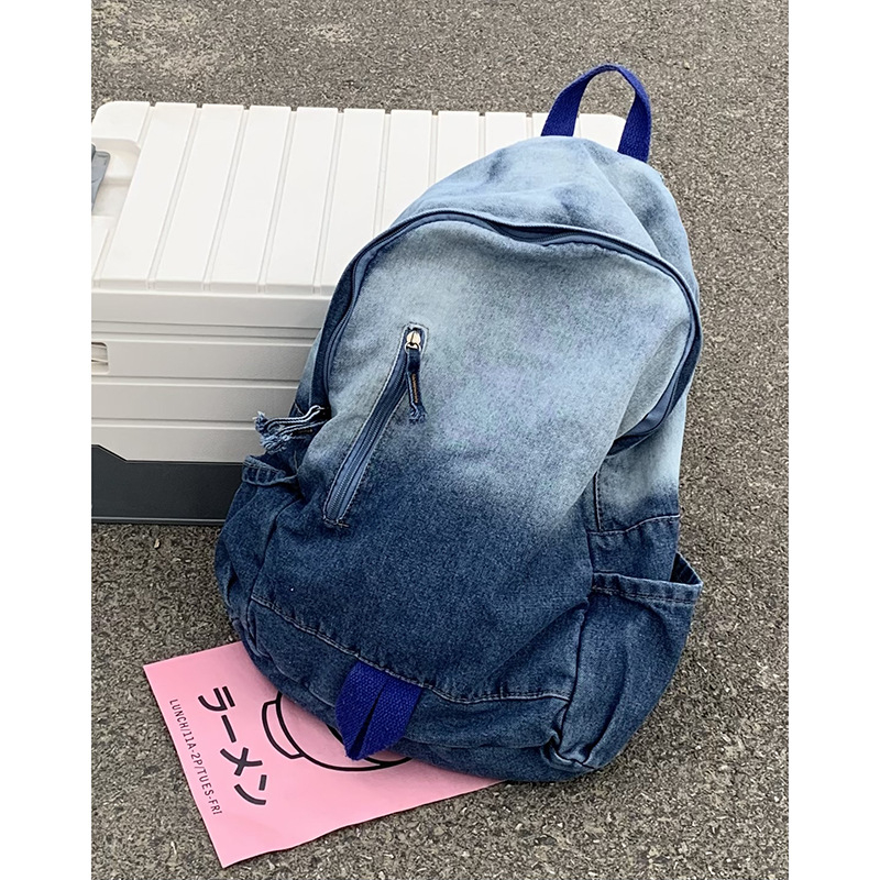 Geantă de spate din denim gradient pentru femei, stil stradal, capacitate 20–35 L, material respirabil, bretele curbate