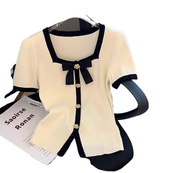 Μπλούζάκι T με σχέδιο φιόγκο, τετράγωνο ντεκολτέ, κοντά μανίκια, εφαρμοστή γραμμή, από ακρυλικό ύφασμα