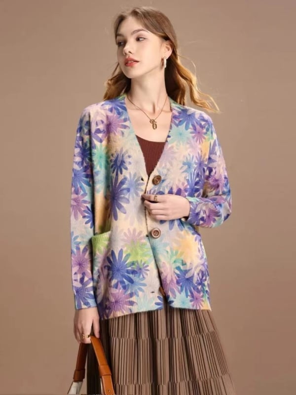 Cardigan tricotat Mink Velvet – decolteu în V, mâneci lungi, croială lejeră, amestec lână cu acrilic 50–70%, imprimare/vopsire