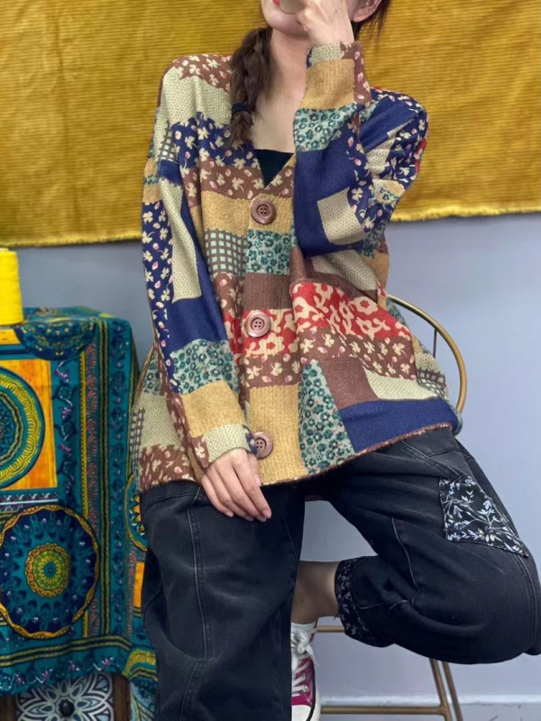 Mink Velvet mezginys kardiganas – V kaklo, laisvas kirpimo, ilgomis rankovėmis, vilnos mišinio su 50–70% akrilo, spauda/dažymas