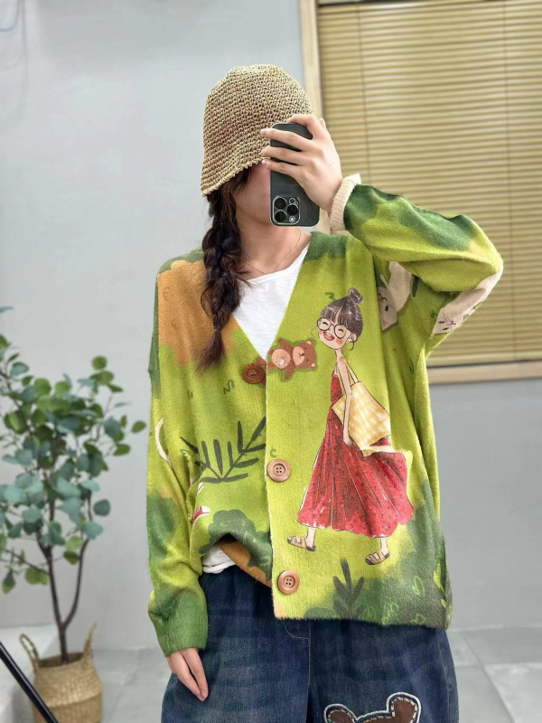 Mink Velvet mezginys kardiganas – V kaklo, laisvas kirpimo, ilgomis rankovėmis, vilnos mišinio su 50–70% akrilo, spauda/dažymas