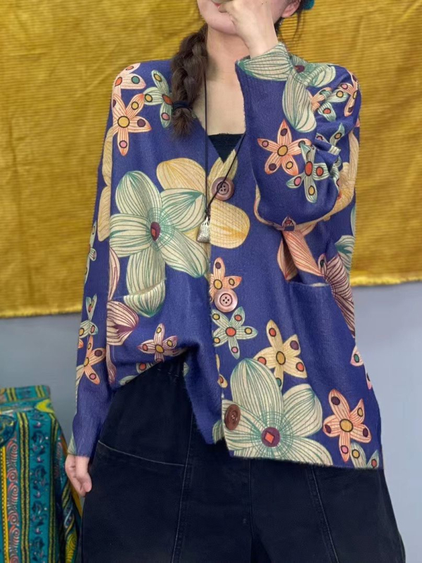 Mink Velvet mezginys kardiganas – V kaklo, laisvas kirpimo, ilgomis rankovėmis, vilnos mišinio su 50–70% akrilo, spauda/dažymas