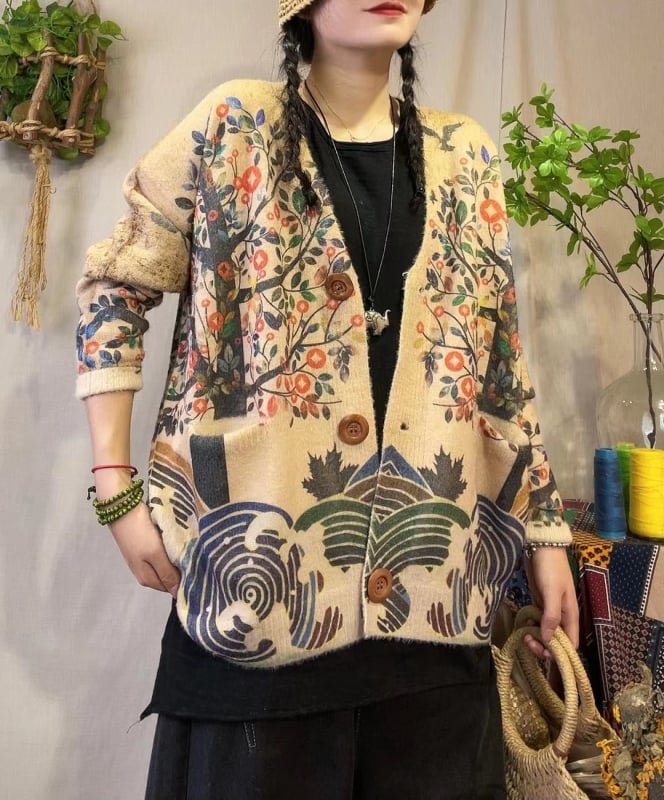 Кардиган от Mink Velvet – V-образно деколте, свободен силует, дълги ръкави, вълнен бленд с 50–70% акрил, принтиране/ боядисване