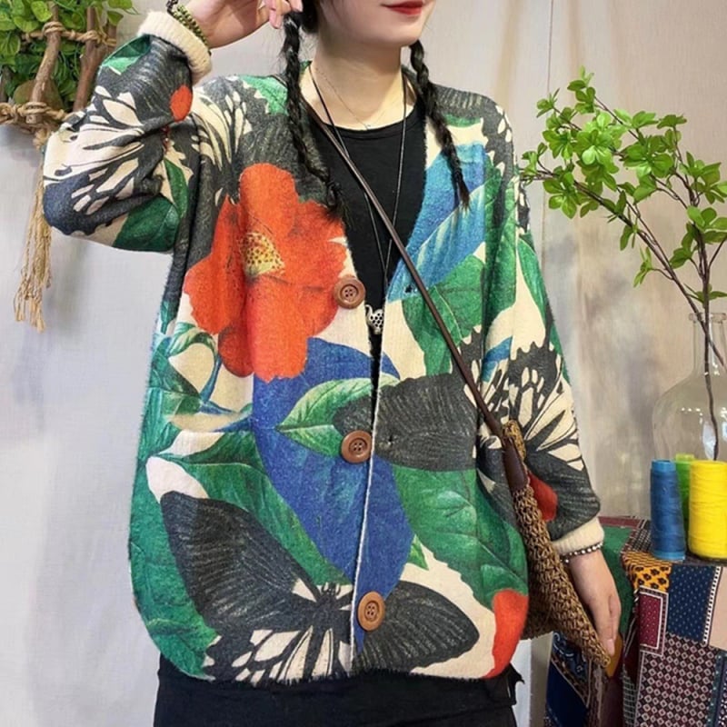 Кардиган от Mink Velvet – V-образно деколте, свободен силует, дълги ръкави, вълнен бленд с 50–70% акрил, принтиране/ боядисване