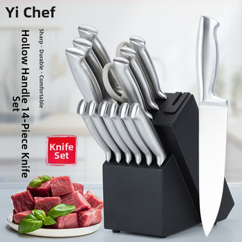 16 dalių nerūdijančio plieno virtuvinių peilių rinkinys su tuščiavidure rankena, 3Cr serijos ašmenys, įmontuotas šlifuoklis ir masyvaus medžio peilių laikiklis