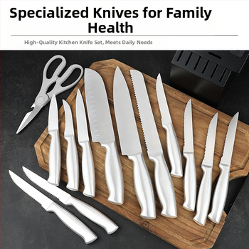 16 dalių nerūdijančio plieno virtuvinių peilių rinkinys su tuščiavidure rankena, 3Cr serijos ašmenys, įmontuotas šlifuoklis ir masyvaus medžio peilių laikiklis