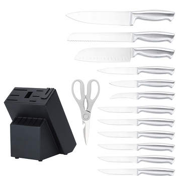 16 dalių nerūdijančio plieno virtuvinių peilių rinkinys su tuščiavidure rankena, 3Cr serijos ašmenys, įmontuotas šlifuoklis ir masyvaus medžio peilių laikiklis
